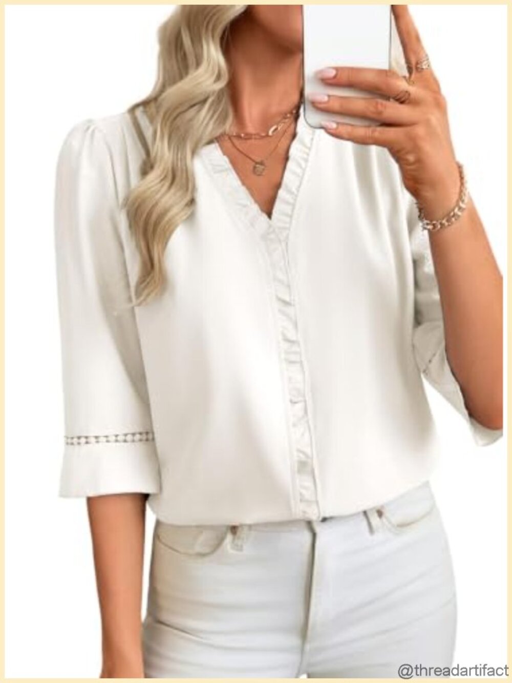 Women's 3/4 Sleeve Ruffle Trim V Neck Dressy Casual Blouse